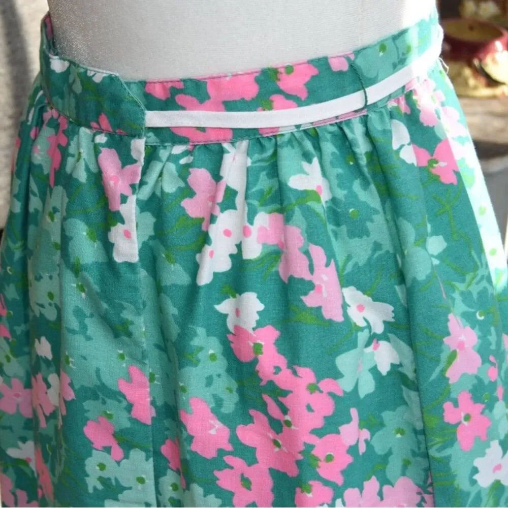 Vintage Poppy by Lanz Floral Midi Skirt Green Pink Cotton A Line Retro 70s Small